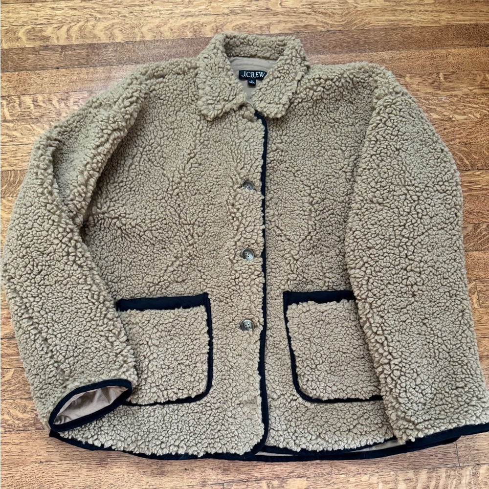 J. Crew Women's Beige Teddy Jacket with Black Trim